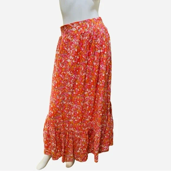 Free People Orange Floral Maxi Ruffle Skirt Large - Picture 5 of 12